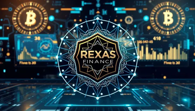 A striking 3D rendered image of the Rexas Finance Crypto Investment logo against a backdrop of futuristic finance technology. The logo is prominently displayed in the center, with detailed geometric shapes and patterns radiating outward, conveying a sense of dynamism and innovation. The lighting is soft and diffused, creating a refined, premium aesthetic. In the background, holographic displays, digital currency symbols, and abstract data visualizations create an immersive, high-tech environment. The overall mood is one of security, trust, and cutting-edge financial technology, perfectly suited for the Investofil mobile app.