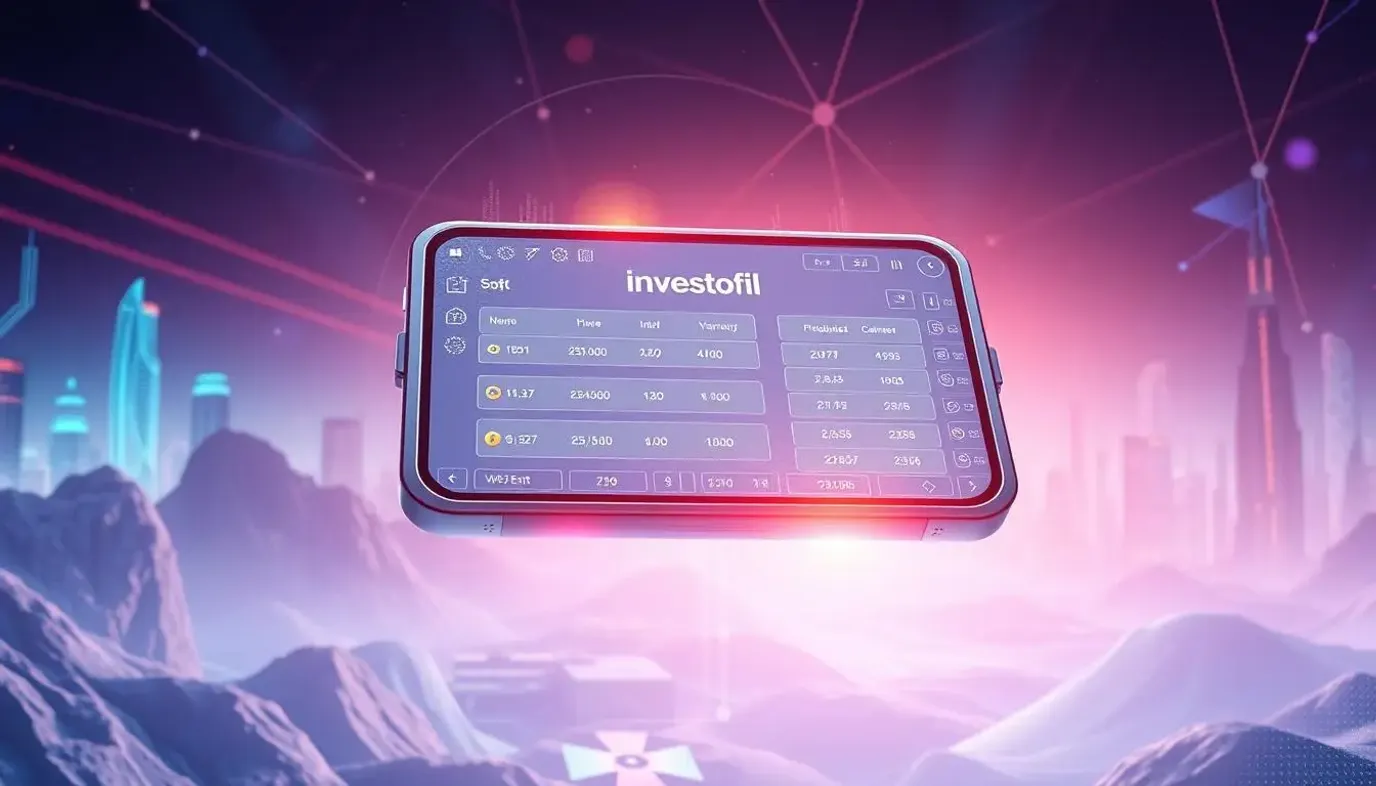 A sleek, modern crypto profit calculator interface floats amidst a futuristic landscape. The screen displays the Investofil brand, beckoning users to input their crypto investments and watch the projected earnings unfold. Holographic data visualizations and elegant typography create an immersive, tech-forward atmosphere. Soft, ambient lighting emanates from the device, casting a warm glow on the minimalist, glass-and-metal design. The background incorporates dynamic, neon-tinged cityscapes and abstract geometric patterns, evoking the dynamic, ever-evolving world of cryptocurrency.