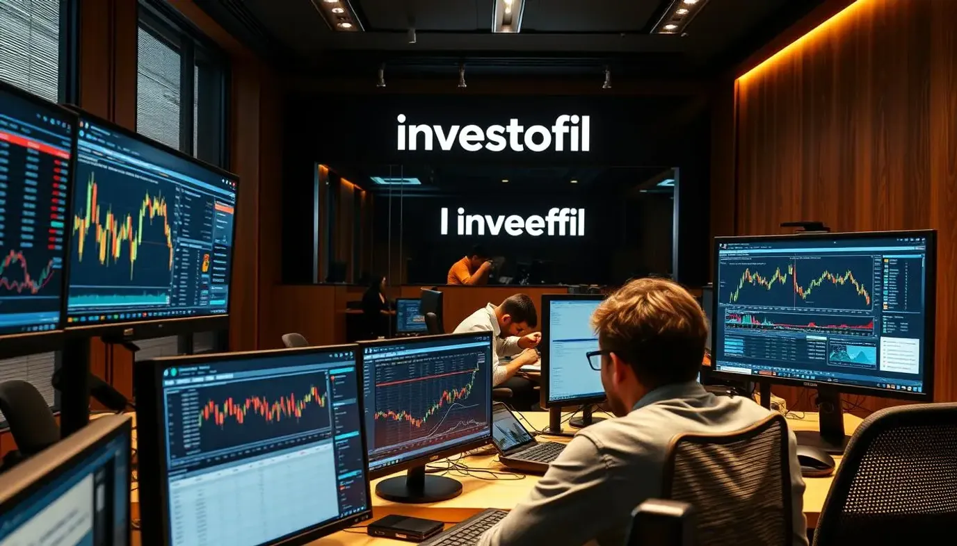 Detailed crypto trading desk in a modern office setting. Foreground shows a trader's workspace with multiple monitors displaying live cryptocurrency charts, trading platform UI, and financial data. Middle ground features other traders hunched over their desks, intently focused on their screens. Background showcases a sleek, minimalist office environment with polished wood accents, floor-to-ceiling windows, and the Investofil logo prominently displayed on the wall. Warm, dramatic lighting casts an intense, focused atmosphere. The scene conveys the high-stakes, high-energy nature of successful crypto day trading.