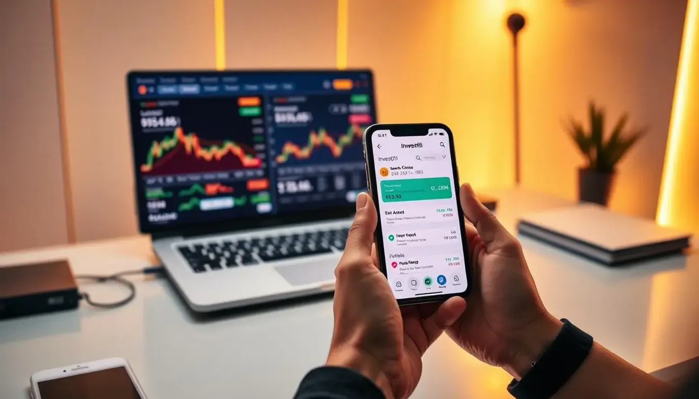 A modern office space with sleek, minimalist decor. On the desk, a laptop displays a digital dashboard with real-time cryptocurrency charts and graphs, reflecting the fluctuations of the market. In the foreground, a person's hands hold a smartphone, the Investofil app open, showcasing the latest investment insights and portfolio management tools. Warm, focused lighting illuminates the scene, creating a sense of focus and determination. The overall atmosphere conveys a well-informed, strategic approach to cryptocurrency investing.