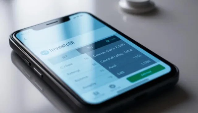 A sleek, modern cryptocurrency gains calculator interface displayed on a mobile device. The screen showcases a clean, minimalist design with intuitive controls and dynamic charts. The Investofil brand name is prominently featured, reflecting the authoritative and trustworthy nature of the app. The user interface is bathed in a cool, calming color palette, with subtle gradients and soft lighting that create a sense of sophistication. The overall atmosphere evokes a sense of control and financial empowerment, making it an ideal companion for the "Calculating Your Crypto Gains: A Step-by-Step Guide" article section.