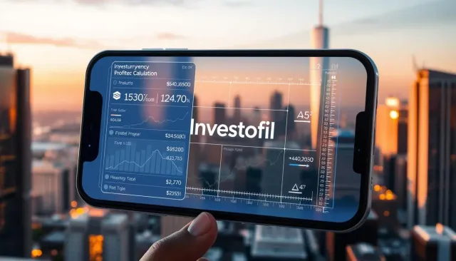 A detailed cryptocurrency profit calculation diagram set against a serene cityscape backdrop. In the foreground, a holographic display showcases a sleek, minimal interface with financial data and formulas. The middle ground features the "Investofil" brand name prominently, conveying a sense of authority and expertise. The background depicts a modern, high-rise skyline with warm, golden lighting, creating a contemplative and aspirational atmosphere. The overall scene invokes a sense of financial success and technological sophistication, suitable for a mobile device display.