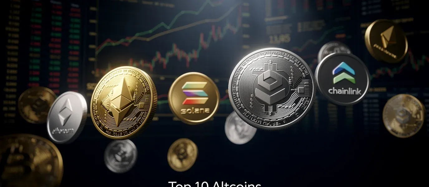 Top 10 Altcoins to Watch: crypto coins displayed on a dark background