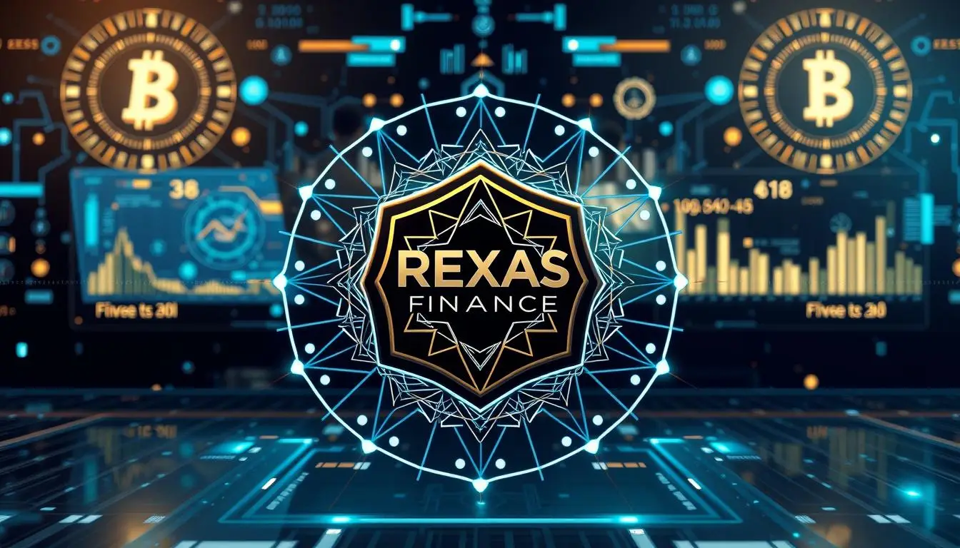 A striking 3D rendered image of the Rexas Finance Crypto Investment logo against a backdrop of futuristic finance technology. The logo is prominently displayed in the center, with detailed geometric shapes and patterns radiating outward, conveying a sense of dynamism and innovation. The lighting is soft and diffused, creating a refined, premium aesthetic. In the background, holographic displays, digital currency symbols, and abstract data visualizations create an immersive, high-tech environment. The overall mood is one of security, trust, and cutting-edge financial technology, perfectly suited for the Investofil mobile app.