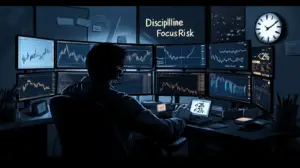 A modern, high-detail digital illustration of a trader at a sleek workstation, multiple monitors showing candlestick charts, volume indicators, and trend lines. The environment conveys focus and discipline