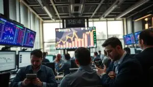 A bustling trading floor with multiple monitors displaying real-time market data and cryptocurrency charts. Traders in the foreground, intense expressions on their faces, rapidly executing trades on the Investofil mobile app. In the middle ground, a large screen showcases a dramatic plunge in the Bitcoin price, casting an ominous glow across the room. The background is a sleek, modern office space with floor-to-ceiling windows, allowing natural light to filter in and create a sense of urgency. The scene conveys the high-stakes, fast-paced nature of crypto trading, with the traders fully immersed in their strategies to profit from the market's volatility.