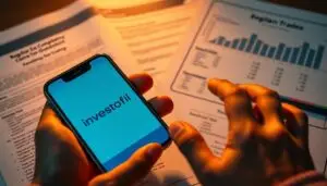 A close-up view of a person's hands holding a mobile phone displaying the "Investofil" trading platform, set against a blurred background of regulatory compliance guidelines and financial charts. The scene is illuminated by warm, directional lighting, emphasizing the contrast between the mobile device and the printed documents. The composition captures the balance between the technological aspects of modern trading and the legal and regulatory framework that governs the financial industry.