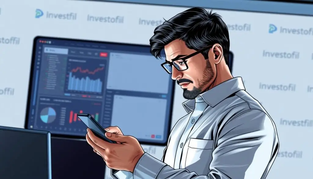 A comprehensive user interface overview of the Investofil trading platform, showcasing its intuitive layout and advanced features. Centered in the frame, a professional trader interacts with a sleek mobile device, navigating the platform's cutting-edge analytics and charting tools. The background features a clean, minimalist design with subtle branding elements, creating a sense of modern sophistication. Soft, directional lighting illuminates the scene, accentuating the platform's user-friendly interface and the trader's confident, focused expression. The overall composition conveys the platform's seamless integration of technology and user experience, ideal for informing and inspiring readers in the "Discover the Art of Profitable FX Trading" article.