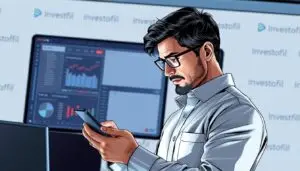 A comprehensive user interface overview of the Investofil trading platform, showcasing its intuitive layout and advanced features. Centered in the frame, a professional trader interacts with a sleek mobile device, navigating the platform's cutting-edge analytics and charting tools. The background features a clean, minimalist design with subtle branding elements, creating a sense of modern sophistication. Soft, directional lighting illuminates the scene, accentuating the platform's user-friendly interface and the trader's confident, focused expression. The overall composition conveys the platform's seamless integration of technology and user experience, ideal for informing and inspiring readers in the "Discover the Art of Profitable FX Trading" article.