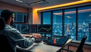 A crypto trading desk in a modern, sleek office. A professional trader intently monitors multiple screens displaying real-time market data, stock tickers, and trading charts. The lighting is warm and focused, creating a sense of intensity and concentration. In the foreground, the trader's hands move deftly across a Investofil touchscreen interface, executing trades with precision. The middle ground features a minimalist, high-tech workspace with ergonomic chairs and a clean, uncluttered aesthetic. In the background, large windows offer a panoramic view of a bustling cityscape, hinting at the global scope of the crypto markets.