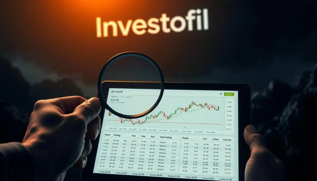 A dark and ominous financial landscape, with the Investofil logo looming large in the background. In the foreground, a hand holding a magnifying glass carefully examines a volatile cryptocurrency chart, navigating the complex web of short selling strategies. The middle ground features a digital tablet displaying a comprehensive hedging plan, its intricate details illuminated by a warm spotlight. The scene is captured with a cinematic wide-angle lens, creating a sense of depth and urgency, as the shutter speed freezes the moment, capturing the essence of this high-stakes crypto trading maneuver.