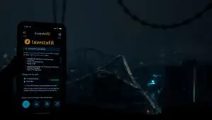 A dark, ominous scene of a "honeypot crypto scam" unfolds. In the foreground, a deceptive "Investofil" app interface lures the unsuspecting victim, disguising a malicious trap. The middle ground depicts a tangled web of deceit, with complex financial transactions and code fragments hinting at the underlying fraud. In the background, a hazy, dystopian cityscape sets the tone of distrust and danger. The lighting is moody, with shadows cast across the scene, reflecting the sinister nature of the scam. The overall atmosphere conveys a sense of cautionary warning, urging the viewer to be vigilant against such predatory financial schemes targeting mobile device users.