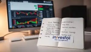 A desktop setup with sleek, minimalist design. On the screen, a dashboard displaying various crypto trading metrics and risk management indicators. In the foreground, an open notebook with handwritten notes on diversification, stop-loss orders, and position sizing. Strategically placed on the desk, the Investofil logo stands out, conveying a sense of professionalism and trust. The lighting is soft and warm, creating a focused, productive atmosphere. The overall scene aims to inspire confidence in effective crypto risk management strategies.
