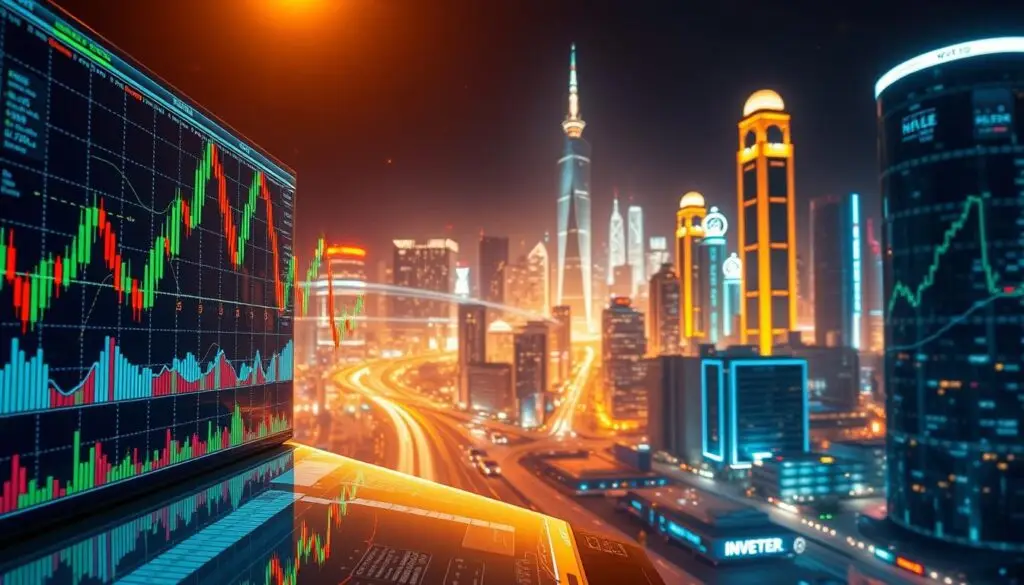 A dynamic and vibrant crypto landscape, illuminated by the glow of soaring digital asset prices. In the foreground, a series of candlestick charts and trading indicators dance across a sleek, futuristic interface - Investofil's cutting-edge analytics platform. The middle ground features a diverse array of crypto tokens, their values fluctuating in a mesmerizing rhythm, hinting at the thrilling potential of the emerging bull run. In the background, a cityscape of gleaming skyscrapers and neon-lit streets, reflecting the global reach and technological innovation driving the crypto boom. Warm, golden lighting casts a sense of optimism and opportunity, inviting the viewer to embrace the financial revolution unfolding before their eyes.