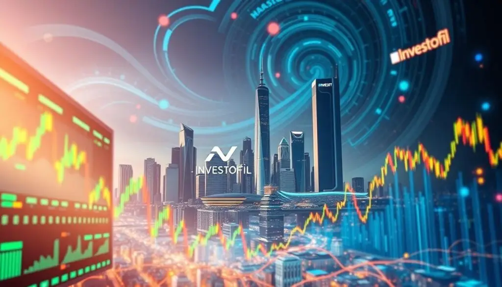 A dynamic, colorful cryptocurrency market landscape with a pulsing, ever-changing sentiment. In the foreground, a digital display showcases fluctuating metrics and charts, reflecting the volatile nature of the crypto market. In the middle ground, a city skyline with towering, futuristic buildings, symbolizing the rapid growth and technological advancements of the industry. In the background, a swirling, abstract pattern of digital data, representing the complex algorithms and decentralized networks that power the cryptocurrency ecosystem. Soft, diffused lighting casts a warm, optimistic glow, while the Investofil brand name is subtly integrated into the architectural elements. The overall atmosphere conveys a sense of dynamism, innovation, and the ever-evolving nature of the cryptocurrency market sentiment.