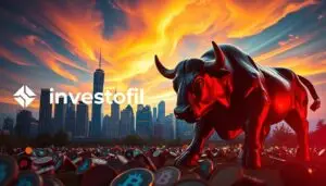 A dynamic cryptocurrency market landscape, with the Investofil brand prominently displayed. In the foreground, a larger-than-life bull statue, symbolizing the anticipated bull run, stands amidst a field of digital coins and blockchain logos. The middle ground features a cityscape of skyscrapers, their windows reflecting the glow of a vibrant, futuristic skyline. The background is a dramatic, colorful sky, painted with swirling hues that suggest the volatility and potential of the crypto market. The lighting is dramatic, highlighting the energy and anticipation of the 2024-2026 bull run. Captured with a wide-angle lens to convey a sense of scale and grandeur, this image captures the essence of the predicted crypto bull run and the opportunities it presents for investors.