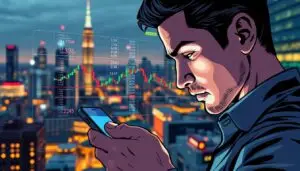 A dynamic, data-driven tableau of currency pairs and liquidity, captured through the lens of a professional trader using the Investofil mobile trading platform. In the foreground, a character intently studies real-time market data, their face illuminated by the glow of the device's screen. The middle ground showcases a vivid visualization of fluctuating exchange rates, candlestick charts, and trading volume indicators, all rendered in a clean, high-contrast style. In the background, a blurred cityscape symbolizes the global nature of the currency markets, with skyscrapers and infrastructure hinting at the scale and complexity of the financial ecosystem. The overall composition conveys a sense of focus, dynamism, and the pursuit of profitable trading opportunities in the vast, liquid currency markets.