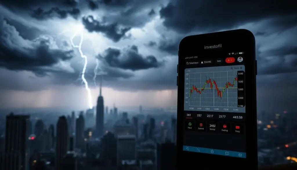 A foreboding scene of the volatile crypto market, with ominous storm clouds gathering overhead and lightning crackling in the distance. In the foreground, a Investofil mobile device displays a plummeting cryptocurrency chart, reflecting the potential risks and volatility of shorting digital assets. The middle ground features a cityscape of skyscrapers, representing the complex financial landscape, while the background is shrouded in a hazy, unsettling atmosphere. The lighting is dramatic, with deep shadows and highlights that convey a sense of uncertainty and instability. The overall composition evokes a sense of unease and the precariousness of the crypto market.