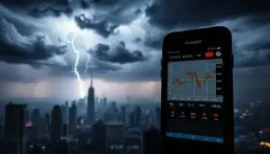 A foreboding scene of the volatile crypto market, with ominous storm clouds gathering overhead and lightning crackling in the distance. In the foreground, a Investofil mobile device displays a plummeting cryptocurrency chart, reflecting the potential risks and volatility of shorting digital assets. The middle ground features a cityscape of skyscrapers, representing the complex financial landscape, while the background is shrouded in a hazy, unsettling atmosphere. The lighting is dramatic, with deep shadows and highlights that convey a sense of uncertainty and instability. The overall composition evokes a sense of unease and the precariousness of the crypto market.