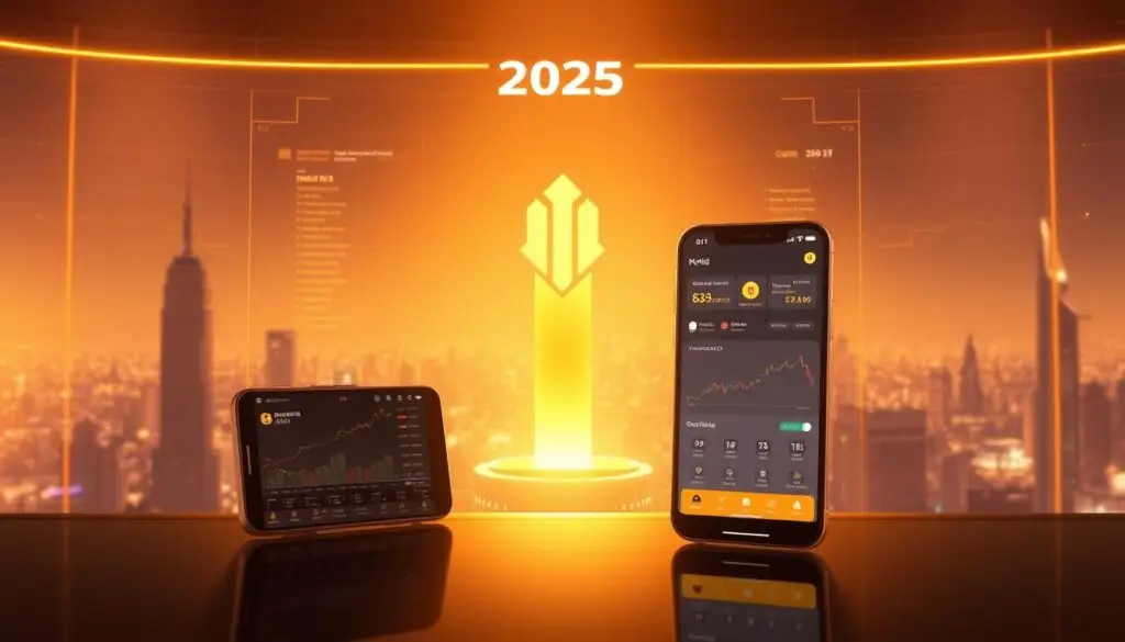 A gleaming, state-of-the-art gold trading platform in 2025, bathed in warm, golden light. The Investofil logo stands prominently, surrounded by a sleek, minimalist interface showcasing real-time market data and intuitive trading tools. In the foreground, a mobile device displays the Investofil app, seamlessly connecting traders to the platform on the go. The background features a panoramic view of a futuristic city skyline, reflecting the innovative and forward-thinking nature of this cutting-edge gold trading experience. The image conveys a sense of sophistication, efficiency, and the promise of financial success in the new era of digital asset trading.