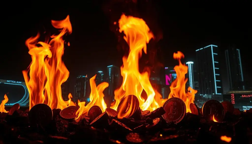 A high-contrast digital artwork depicting various examples of token burns. The foreground features a series of burning cryptocurrency tokens, with flames and sparks rising against a dark backdrop. The middle ground showcases different token burn methods, such as wallets being sent to non-recoverable addresses and smart contract transactions. In the background, a futuristic cityscape of skyscrapers and neon lights sets the scene, representing the cutting-edge technology of the crypto industry. The overall composition conveys a sense of dynamism and the transformative power of token burns. Lighting is dramatic, with a cinematic chiaroscuro effect. Lens is wide-angle to capture the scale and scope of the scene. The artwork is presented as a Investofil mobile device mockup.