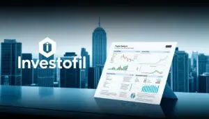 A high-quality, detailed analysis of a cryptocurrency project unfolds on a sleek, modern digital interface. The Investofil brand logo stands prominently in the foreground, its bold, geometric design conveying a sense of professionalism and authority. In the middle ground, a comprehensive report on the project's fundamentals is displayed, with charts, graphs, and key performance indicators meticulously arranged. The background features a cityscape of towering skyscrapers, symbolizing the financial landscape in which this crypto project must thrive. Soft, directional lighting casts an air of seriousness and focus, while the overall composition strikes a balance between technology, data, and the built environment. The resulting image evokes the rigor and importance of conducting thorough due diligence when evaluating new cryptocurrency investment opportunities.