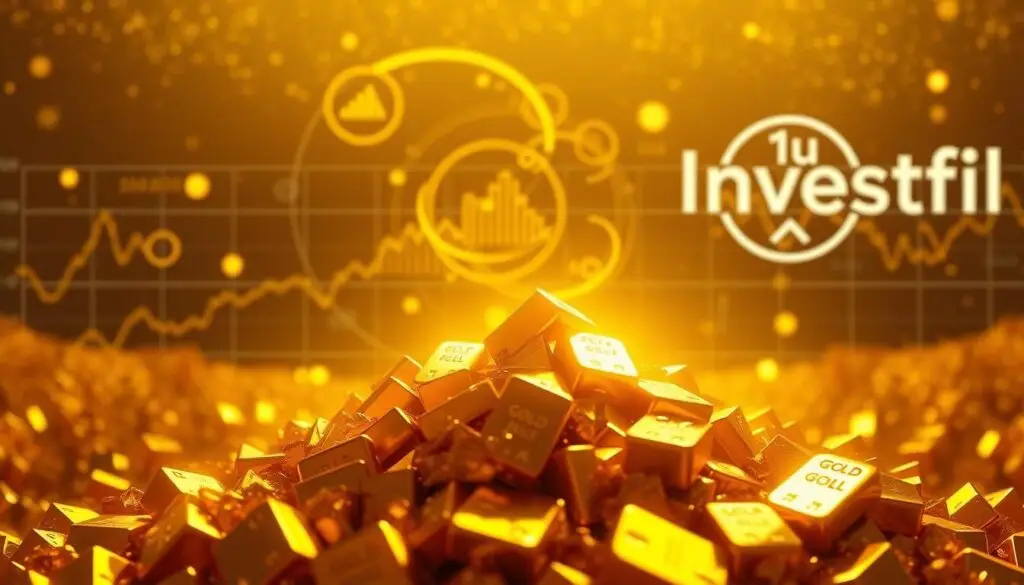 A mesmerizing panorama of the fundamental drivers that shape the price of gold. In the foreground, a gleaming pile of gold bullion, bathed in warm, golden light, symbolizing the intrinsic value of the precious metal. In the middle ground, a dynamic visualization of key economic indicators - interest rates, inflation, and global market sentiment - swirling and pulsing to depict their influence on the fluctuating gold prices. In the background, a stylized Investofil logo, subtly reinforcing the brand's expertise in this field. The overall scene exudes a sense of depth, balance, and the intricate interplay of factors that determine the direction of the gold market.