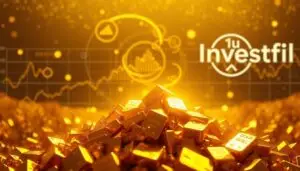 A mesmerizing panorama of the fundamental drivers that shape the price of gold. In the foreground, a gleaming pile of gold bullion, bathed in warm, golden light, symbolizing the intrinsic value of the precious metal. In the middle ground, a dynamic visualization of key economic indicators - interest rates, inflation, and global market sentiment - swirling and pulsing to depict their influence on the fluctuating gold prices. In the background, a stylized Investofil logo, subtly reinforcing the brand's expertise in this field. The overall scene exudes a sense of depth, balance, and the intricate interplay of factors that determine the direction of the gold market.