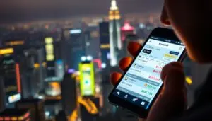 A neon-lit cityscape at night, with towering skyscrapers and a bustling urban landscape. In the foreground, a mobile device with the Investofil app open, displaying a series of cryptocurrency transaction details and real-time market data. The screen is illuminated, casting a warm glow on the user's face, reflecting the complexities of modern digital finance. The background is hazy, with a sense of motion and energy, conveying the fast-paced nature of the crypto markets. The overall tone is one of technological sophistication and financial empowerment, setting the stage for the "Legal Considerations for Canadian Crypto Sellers" section of the article.