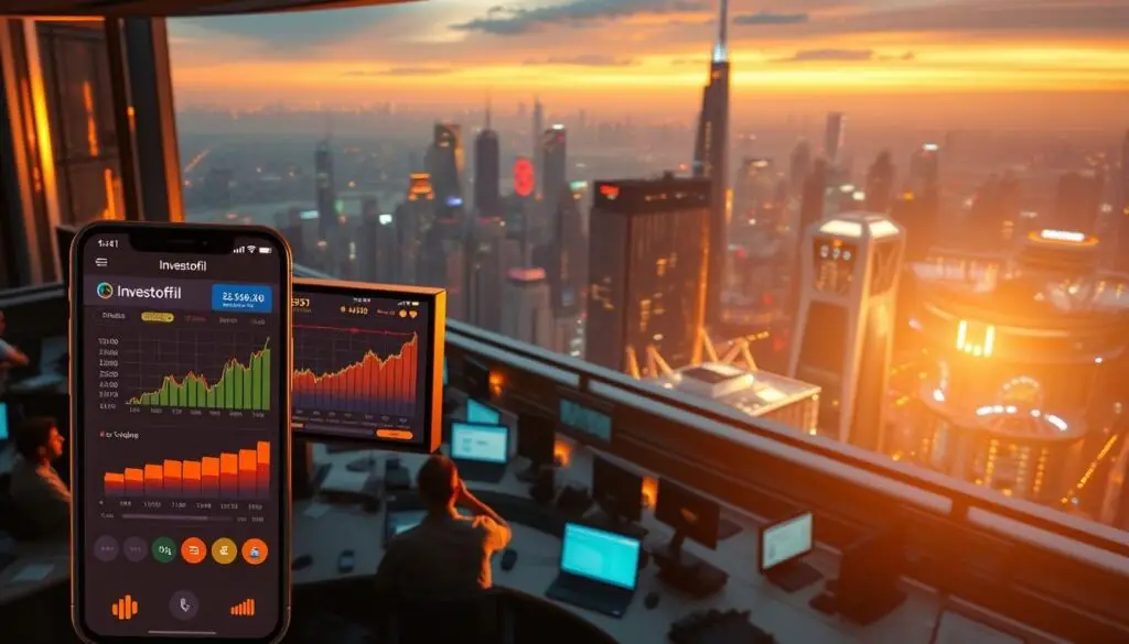 A panoramic view of a recovering crypto market, bathed in warm, golden light. In the foreground, the Investofil app displays a vibrant dashboard, showcasing the upward trajectory of various cryptocurrencies. In the middle ground, a bustling trading floor, with traders monitoring their screens and making animated gestures, conveying a sense of renewed optimism. In the background, a futuristic cityscape, with towering skyscrapers and a glowing skyline, symbolizing the resurgence of the digital economy. The overall atmosphere is one of cautious but growing optimism, hinting at the potential for a sustained crypto market recovery.