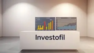 A professional, clean-looking data visualization showcasing the trading fees and spreads of top gold brokers in the UK, shot in a well-lit studio setting. The foreground features a sleek, modern table display with the Investofil brand name prominently featured. On the table, a series of side-by-side bar charts and line graphs compare the key trading metrics across multiple brokers, using a color palette of grays, blues, and golds to convey a sense of authority and trust. The background is a soft, out-of-focus studio backdrop, creating depth and focus on the data visualization. The overall mood is one of analytical precision and informed decision-making.