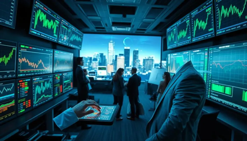 A professional financial trading floor, illuminated by the glow of multiple monitors displaying cryptocurrency charts and indicators. In the foreground, a trader wearing a sleek Investofil suit intently studies the markets, fingers darting across a touchscreen interface. The middle ground is filled with a team of analysts collaborating on strategies, surrounded by whiteboards and holographic displays. In the background, a skyline of gleaming skyscrapers reflects the vibrant energy of the digital economy. Soft blue and green lighting sets a focused, analytical mood, while the composition conveys the complexity and dynamism of modern cryptocurrency trading.