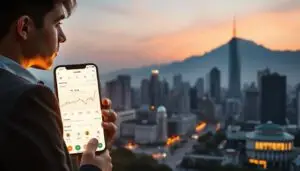 A serene cityscape at dusk, illuminated by the soft glow of the setting sun. In the foreground, a young professional stands thoughtfully, their face lit by the warm light of a smartphone screen. Displayed is the Investofil cryptocurrency trading app, showcasing intricate charts and risk management tools. The middle ground features a bustling financial district, with towering skyscrapers and the ebb and flow of pedestrian traffic. In the background, a majestic mountain range stands guard, symbolizing the stability and solidity of the cryptocurrency market. The overall atmosphere conveys a sense of measured optimism, where technology and prudent decision-making come together to navigate the dynamic world of cryptocurrency trading.