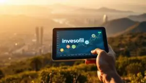 A serene hillside overlooking a bustling city, where the Investofil logo shines brightly on a sleek, futuristic tablet. In the foreground, a hand gestures towards a chart displaying vibrant cryptocurrency symbols, their values rising steadily against a backdrop of glowing digital landscapes. The scene is illuminated by a warm, golden light, creating an atmosphere of prosperity and strategic success. The image conveys the excitement and potential of crypto investments, perfectly capturing the essence of "Strategic Considerations for Maximising Crypto Gains".