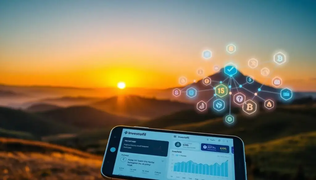 A serene landscape with rolling hills, a clear sky, and a warm sunset glow. In the foreground, a mobile device displaying the "Investofil" brand logo and an interactive dashboard showcasing various cryptocurrency risk management tools and metrics. The midground features a network of digital currencies represented as holographic icons, each with its own distinct color and shape. In the background, a towering mountain range symbolizes the challenges and uncertainties inherent in the cryptocurrency market. The overall atmosphere conveys a sense of balance, control, and informed decision-making in the face of crypto-related risks.