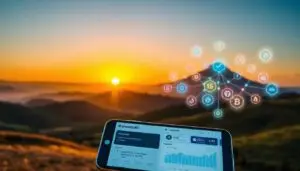 A serene landscape with rolling hills, a clear sky, and a warm sunset glow. In the foreground, a mobile device displaying the "Investofil" brand logo and an interactive dashboard showcasing various cryptocurrency risk management tools and metrics. The midground features a network of digital currencies represented as holographic icons, each with its own distinct color and shape. In the background, a towering mountain range symbolizes the challenges and uncertainties inherent in the cryptocurrency market. The overall atmosphere conveys a sense of balance, control, and informed decision-making in the face of crypto-related risks.