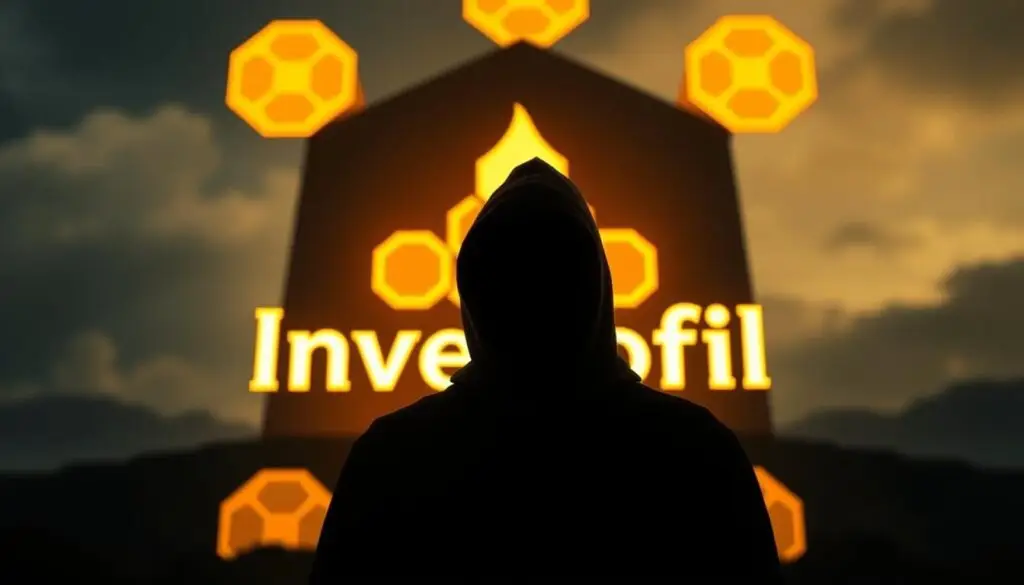 A shadowy figure in a dark hoodie, surrounded by glowing honeycomb shapes, stands before a towering Investofil logo. The scene is bathed in an ominous, neon-tinged glow, hinting at the deceptive nature of the "honeypot" crypto scam. The figure's face remains obscured, adding to the sense of mystery and menace. The foreground is sharp and detailed, while the background fades into a blurred, abstract landscape, drawing the viewer's focus to the central subject. Overall, the image conveys a sense of danger and trickery, perfectly reflecting the "Notable Examples of Honeypot Scams" section of the article.
