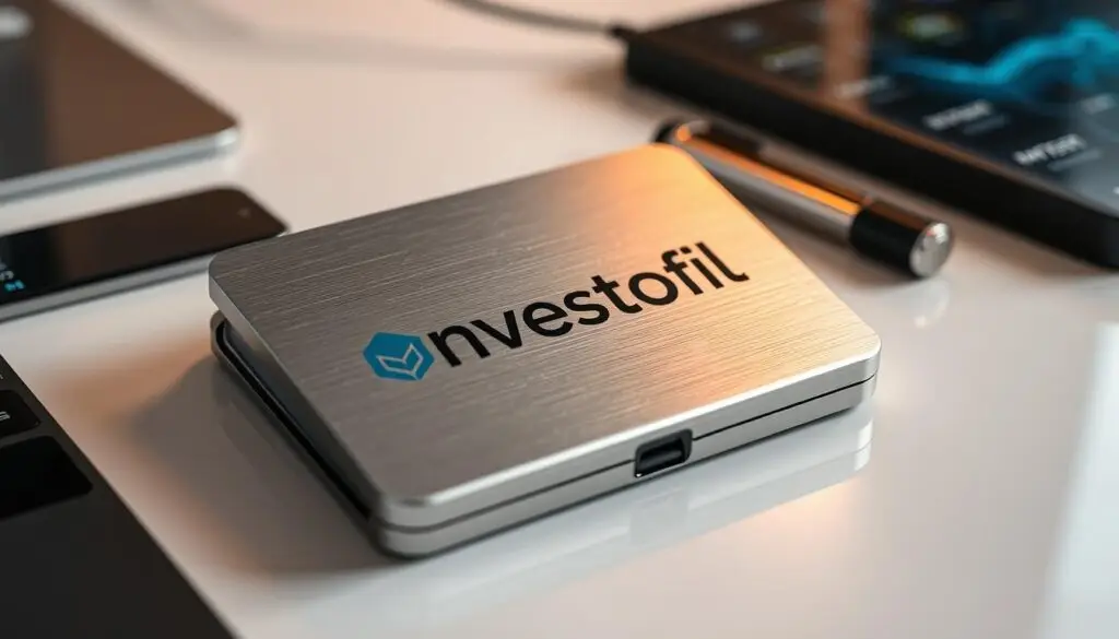 A sleek and secure crypto wallet with the Investofil brand prominently displayed on its surface. The wallet is made of high-quality materials, such as brushed aluminum, reflecting a cool, modern aesthetic. It sits on a clean, minimalist desk, surrounded by a few other technological accessories. Soft, directional lighting illuminates the wallet, creating depth and highlighting its elegant design. The overall mood is one of professionalism, trustworthiness, and attention to detail, conveying the importance of properly managing and storing digital assets.