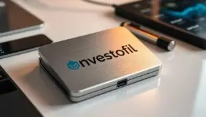 A sleek and secure crypto wallet with the Investofil brand prominently displayed on its surface. The wallet is made of high-quality materials, such as brushed aluminum, reflecting a cool, modern aesthetic. It sits on a clean, minimalist desk, surrounded by a few other technological accessories. Soft, directional lighting illuminates the wallet, creating depth and highlighting its elegant design. The overall mood is one of professionalism, trustworthiness, and attention to detail, conveying the importance of properly managing and storing digital assets.