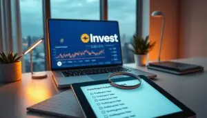 A sleek, minimalist desktop workspace with a laptop displaying the Investofil logo, surrounded by financial charts, cryptocurrency symbols, and a magnifying glass. Warm, soft lighting illuminates the scene, creating a contemplative atmosphere. The foreground features a tablet with a crypto project evaluation checklist, while the background showcases a cityscape skyline through a large window, hinting at the global reach of the crypto market. The overall composition conveys a sense of thorough analysis and informed decision-making in the process of evaluating new crypto projects.