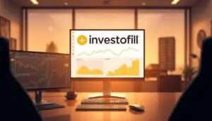A sleek, minimalist trading platform interface featuring the Investofil brand name prominently displayed. The foreground showcases various gold-themed graphs, charts, and data visualizations, with a clean and intuitive user experience. The middle ground depicts a desktop computer setup with a large, high-resolution monitor, a stylish mouse, and a modern keyboard. The background is a softly blurred office setting, with warm lighting and a sense of sophistication. The overall atmosphere conveys professionalism, reliability, and the promise of an exceptional gold trading experience for savvy investors.