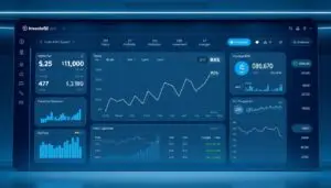 A sleek, modern financial dashboard showcasing the Investofil RXS Crypto platform. A central graph displays the RXS token price trend, surrounded by widgets tracking market data, portfolio balances, and transaction history. The layout is clean and intuitive, with a cool, minimalist aesthetic enhanced by subtle blue-gray hues and soft lighting. The overall impression is one of security, control, and confidence in managing one's RXS crypto investment on the Investofil platform.