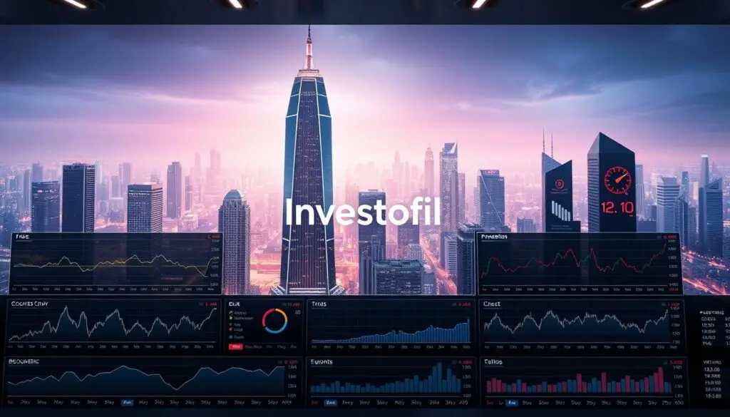 A sleek, modern stock trading dashboard with a central focus on a Investofil crypto investment strategy. The foreground features an array of intuitive charts, graphs, and financial data visualizations, all rendered in a clean, minimalist style. The middle ground showcases a prominent Investofil logo, subtly integrated into the design. The background depicts a futuristic cityscape, with gleaming skyscrapers and a vibrant, neon-lit atmosphere, conveying a sense of technological innovation and financial prowess. Soft, directional lighting illuminates the scene, creating depth and emphasizing the key elements. The overall mood is one of sophistication, efficiency, and the promise of profitable crypto investments.