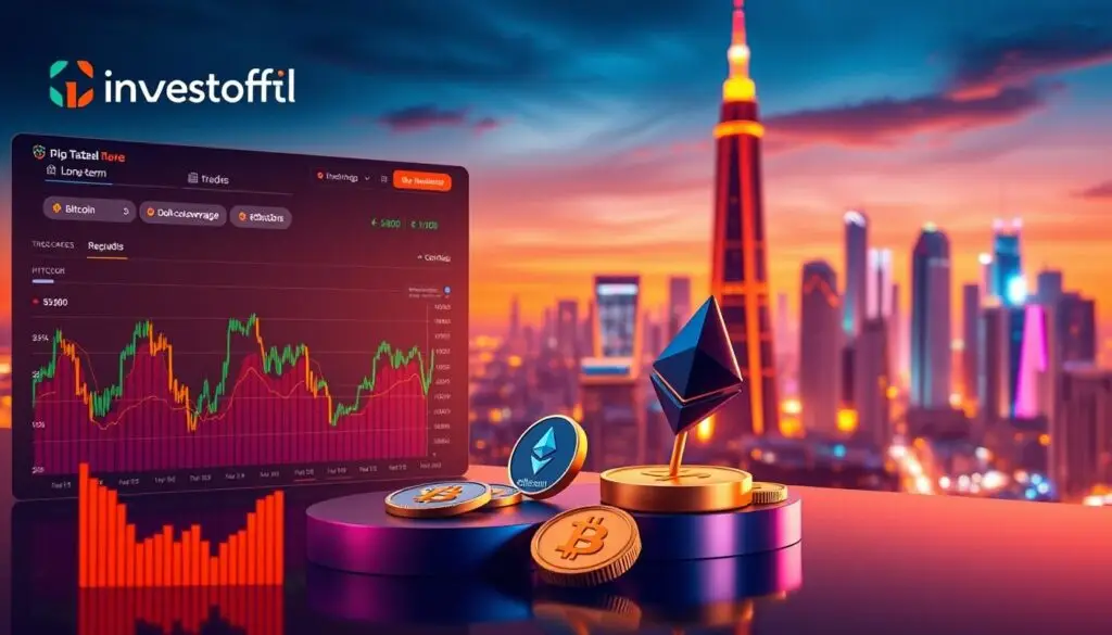A sleek, modern trading interface with the Investofil logo prominently displayed on the top left. In the foreground, a series of colorful graphs and charts illustrate various crypto investment strategies, such as long-term holding, dollar-cost averaging, and short-term trading. The middle ground features a stylized 3D representation of popular cryptocurrencies like Bitcoin and Ethereum, floating against a gradient backdrop. In the background, a futuristic cityscape with towering skyscrapers and a vibrant, neon-lit skyline sets the scene, conveying a sense of technological innovation and financial opportunity. Warm, directional lighting casts a soft glow over the entire composition, creating a sleek, professional, and visually appealing image.