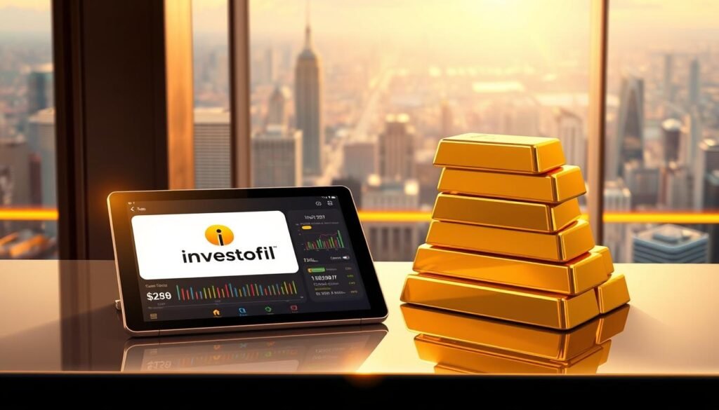 A stack of shiny gold bars, meticulously arranged on a sleek, glossy desk. In the foreground, a tablet displays the Investofil logo, showcasing real-time market data and risk management analytics. Warm, golden lighting casts a subtle glow, conveying a sense of confidence and control. In the background, a panoramic view of a bustling cityscape, hinting at the global reach and complexity of the financial markets. The scene evokes a balance between the solidity of gold and the dynamism of modern trading, underscoring the importance of disciplined risk management strategies in the pursuit of successful gold trading.