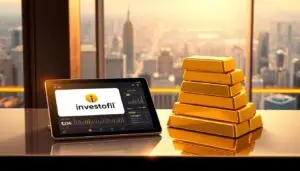 A stack of shiny gold bars, meticulously arranged on a sleek, glossy desk. In the foreground, a tablet displays the Investofil logo, showcasing real-time market data and risk management analytics. Warm, golden lighting casts a subtle glow, conveying a sense of confidence and control. In the background, a panoramic view of a bustling cityscape, hinting at the global reach and complexity of the financial markets. The scene evokes a balance between the solidity of gold and the dynamism of modern trading, underscoring the importance of disciplined risk management strategies in the pursuit of successful gold trading.