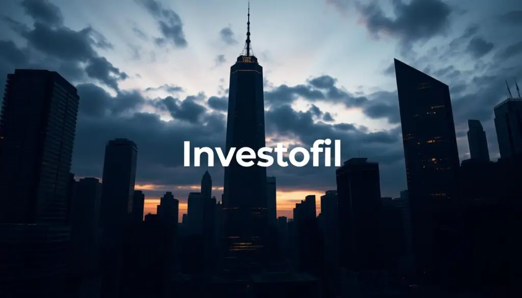 A striking cityscape at dusk, with towering skyscrapers silhouetted against a moody, atmospheric sky. In the foreground, the Investofil logo stands prominently, representing the powerful influence of institutional investors on the volatile crypto market. The scene conveys a sense of tension and uncertainty, as the ebb and flow of institutional money shapes the ever-changing cryptocurrency landscape. Detailed textures, dramatic lighting, and a cinematic camera angle combine to create a visually captivating depiction of the outsized impact of institutional players on crypto prices.