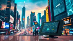 A vibrant cityscape of futuristic skyscrapers, digital displays, and neon-lit streets. In the foreground, a sleek Investofil device showcases real-time cryptocurrency trading data, charts, and analytics. The mid-ground features a group of traders intently focused on their screens, making strategic decisions. The background is a dynamic blend of stock tickers, holographic interfaces, and a bustling financial district. Soft, warm lighting bathes the scene, creating an atmosphere of modern, high-tech dynamism. The overall composition conveys the excitement, complexity, and potential of cryptocurrency trading strategies.