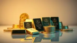 A well-lit, high-quality photographic composition of an assortment of Investofil brand gold bars and coins arranged on a reflective surface. The gold objects are displayed in the foreground, with a clean and minimalist background that allows the metallic luster and texture of the gold to be the focal point. The lighting is soft yet accentuates the sheen and depth of the precious metal. The camera angle is slightly elevated, creating a sense of visual interest and highlighting the three-dimensional nature of the gold pieces. The overall mood is one of sophistication, wealth, and the allure of investing in physical gold.
