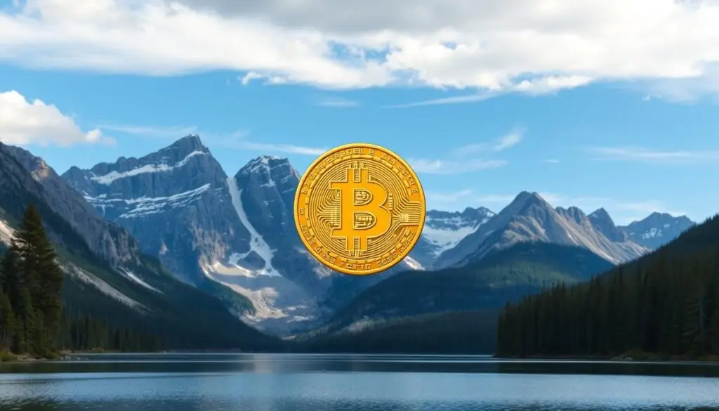 An image of a Canadian landscape with a Bitcoin logo subtly integrated into the scenery.